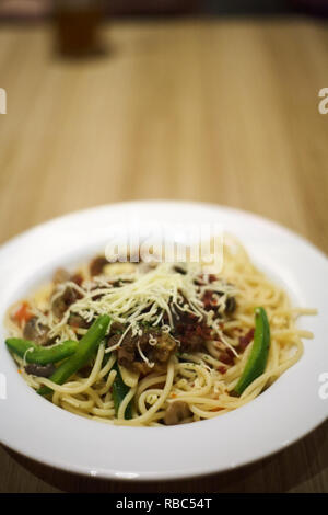 Beef steak aglio olio pasta Stock Photo
