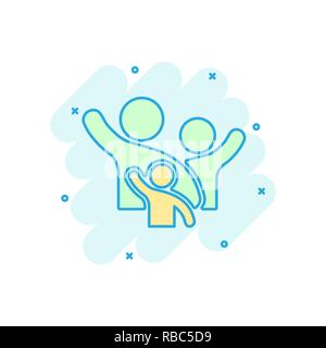 Family greeting with hand up icon in comic style. Person gesture vector cartoon illustration pictogram. People leader business concept splash effect. Stock Vector