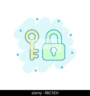 Key with padlock icon in comic style. Access login vector cartoon illustration pictogram. Lock keyhole business concept splash effect. Stock Vector