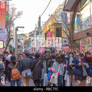 Harajuku street view. People, mostly youngsters, walk through Takeshita Street, a famous shopping street lined with fashion boutiques, cafes and resta Stock Photo