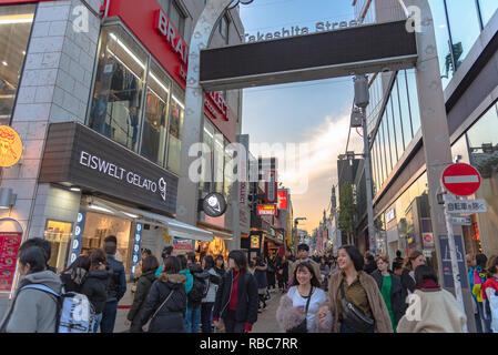 Harajuku street view. People, mostly youngsters, walk through Takeshita Street, a famous shopping street lined with fashion boutiques, cafes and resta Stock Photo