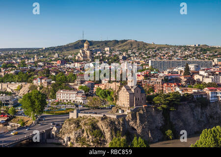 Georgia, Tbilisi, Tsminda Sameba Cathedral and Metekhi Church Stock Photo