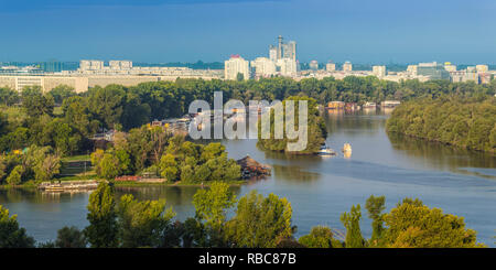 Serbia, Belgrade, View across the confluence of the Sava and Danube rivers, to New Belgrade Stock Photo