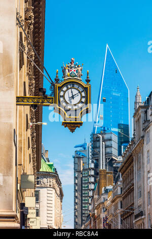UK, England, London, City of London, Cornhill, Royal Exchange Clock with Lloyds of London and The Scalpel Buildings Stock Photo