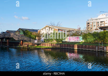 Old warehouses on the River Lea near Bromley-By-Bow, East London UK Stock Photo