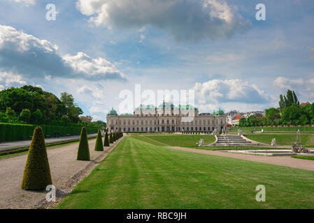 Belvedere Palace Vienna, view towards the Baroque Schloss Belvedere Palace in Vienna with its famous landscaped garden in the foreground, Wien Austria. Stock Photo