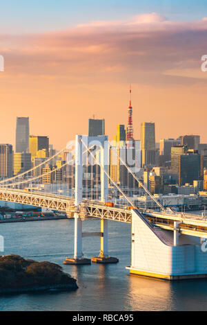 Rainbow Bridge and Tokyo Bay, Odaiba, Tokyo, Kanto region, Japan. Stock Photo