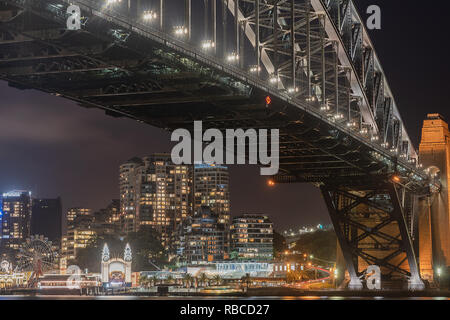 Luna park and harbour bridge in Sydney Australia, Night Photography with reflecton on the water Stock Photo