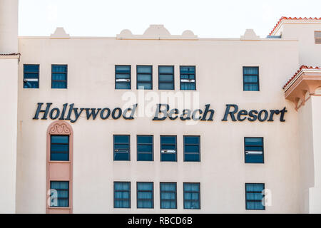 Hollywood, USA - May 6, 2018: Florida Miami beach with building and sign text for Resort architecture retro historic hotel Stock Photo