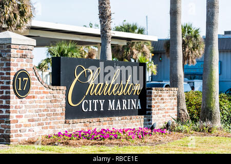 Charleston, USA - May 12, 2018: City Marina sign on street in South Carolina for boating during summer day Stock Photo