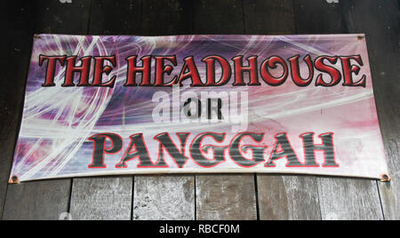 Sign denoting headhouse (pangah, where skulls are kept) of Bidayuh tribe, Kampung Annah Rais, Sarawak (Borneo), Malaysia Stock Photo