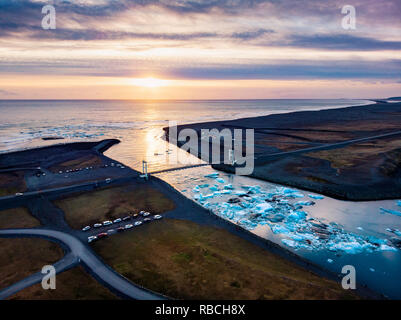 Diamond beach and Jokulsarlon Glacier Lagoon in Iceland aerial view Stock Photo