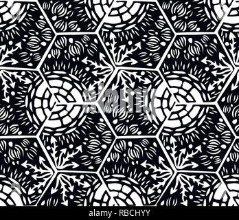 Underwater world. Hexagonal tiles. Seamless pattern. White and black colors Stock Vector
