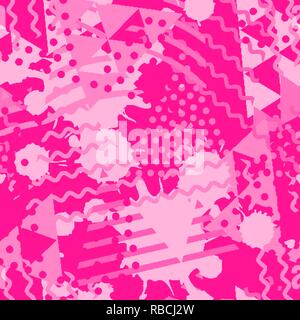 Seamless pattern with geometric shapes and abstract fluid forms. Color in shades of trendy plastic pink color Stock Vector
