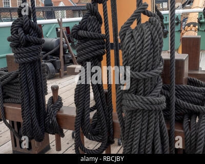 HMS Trincomalee, National Museum of The Royal Navy, Hartlepool, County Durham, England, UK - view of ropes part of the ships rigging. Stock Photo