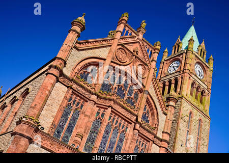 Northern Ireland, County Derry, The Guild Hall, a section of its Neo Gothic facade and the clock Tower. Stock Photo