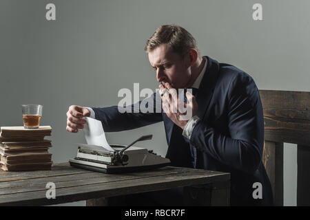 Man in suit. Mafia. Making money. Money transaction. Businessman work in accountant office. Small business concept. Economy and finance. Man bookkeeper. Analyzing data. Thinking about new solutions Stock Photo