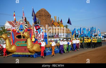 Kampong Thom, Cambodia Jan 9th 2019. Girls march beside a float celebrating independence from France and 40 years of freedom and peace since the Vietnamese overthrew Pol Pot and the the terror of his Khmer Rough regime. Credit: Dale Warren/Alamy Live News Stock Photo