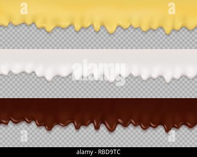Realistic vector set of seamless realistic drips of cream, glaze and melted chocolate. Stock Vector