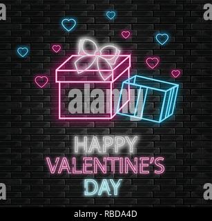 Gift box neon light Vector. Happy Valentine day romantic template. Gifts shop. Invitation or greeting card Stock Vector