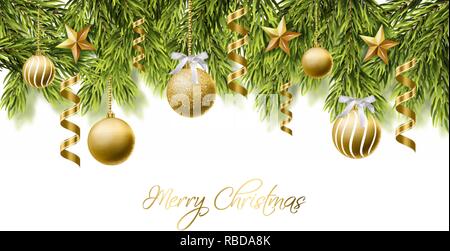 Merry Christmas white card with golden glitter balls Vector. Realistic 3d detailed illustration. Gold text on white background Stock Vector