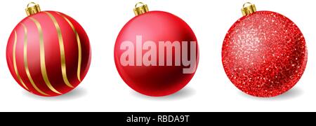 Red shiny glitter Christmas balls Vector realistic. Merry Christmas elements isolated. Detailed 3d illustration decor Stock Vector