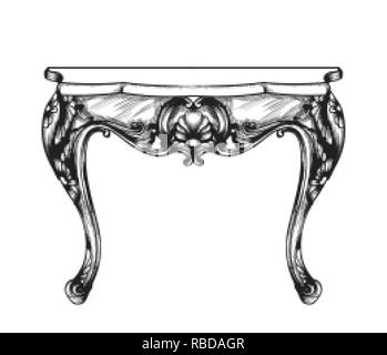 Classic table furniture Vector. Detailed front view with engraved ornament decors. Line art vintage black color Stock Vector