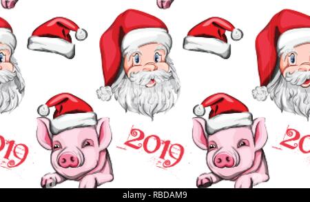Pig year pattern Vector background. Santa Claus and cute pink pigs 2019 decoration Stock Vector