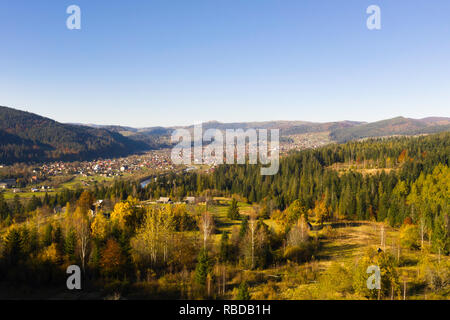 aerial view of autumn rural area, Yaremche, Ivano-Frankivsk  Oblast, Ukraine Stock Photo