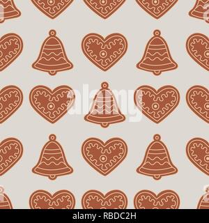 Seamless pattern with gingerbread bells and hearts. Holiday background. Design for banner, poster, textile, print. Stock Vector