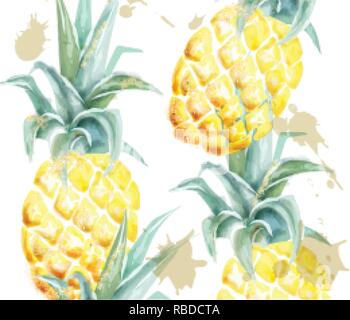 Pineapple pattern Vector watercolor. Tropic fruits with glitter on white background. Label artistic exotic illustration Stock Vector