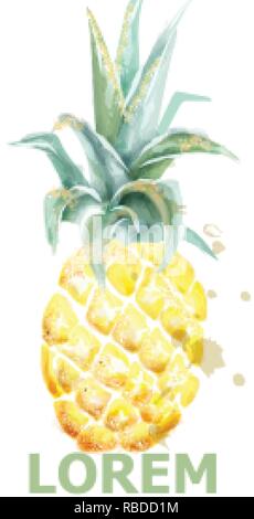 Pineapple Vector watercolor. Tropic fruit with glitter isolated on white. Icon template artistic exotic illustration. Menu label layout Stock Vector