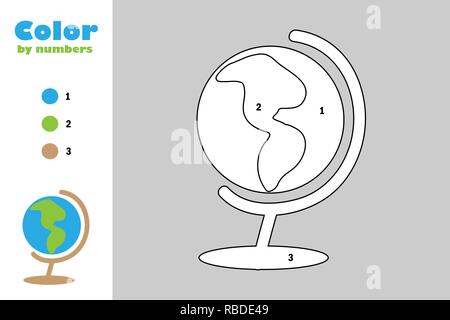 Globe in cartoon style, color by number, education paper game for the development of children, coloring page, kids preschool activity, printable worksheet, vector illustration Stock Vector