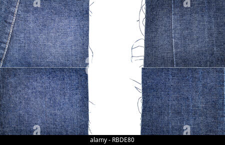 Collection of blue jeans fabric textures isolated on white background. Rough uneven edges. Torn jeans fabric with copy space Stock Photo