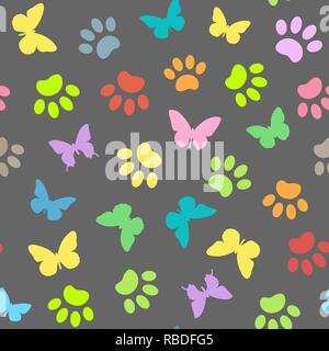 Multi colored butterflies and animal paws on grey background seamless pattern. Stock Vector
