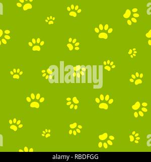 Seamless pattern of yellow paw prints animal on green background vector design. Stock Vector