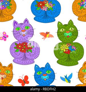 Multicolored cats with flowers holiday seamless pattern gift background Stock Vector