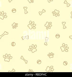 Paw prints dog and bones on a light yellow background outline design seamless pattern. Stock Vector