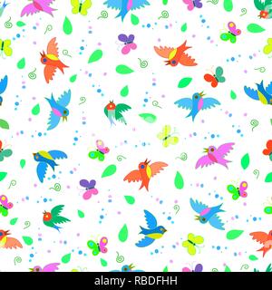 Colorful cute funny cartoon birds and butterflies seamless summer pattern Stock Vector