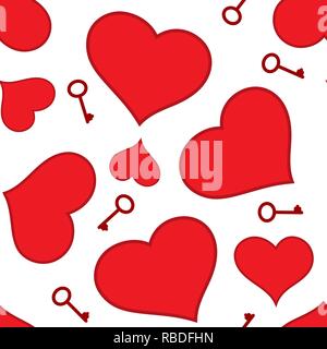 Seamless pattern of red hearts and keys on white background Valentines day vector design Stock Vector