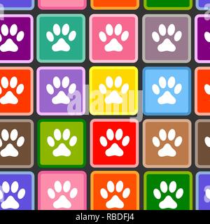 Seamless pattern of white paw prints in multi-colored squares on a gray background. Stock Vector