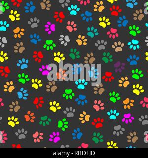 Colorful animal paw prints footprint on black background seamless pattern Stock Vector