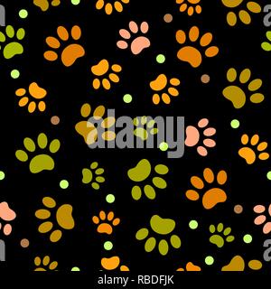 Seamless pattern colored paws footprints animals on black background Stock Vector