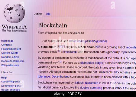 Wikipedia website article for BlockChain distributed ledger technology Stock Photo