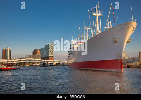 Skyline in the upper Harbor part of Hamburg at river Elbe with the big ship Cap San Diego Stock Photo