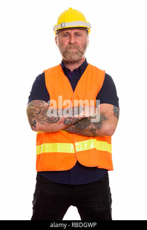 Mature bearded man construction worker with hand tattoos standin Stock Photo