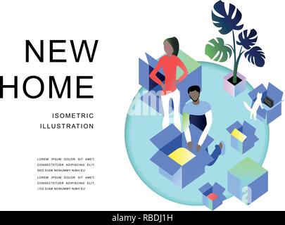 New home concept. Wife and husband. moving boxes. Stock Vector