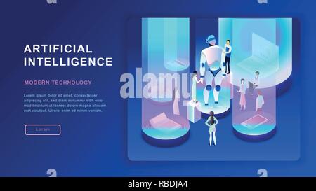 Artificial intelligence concept. robot. isometric illustration. modern technology background Stock Vector