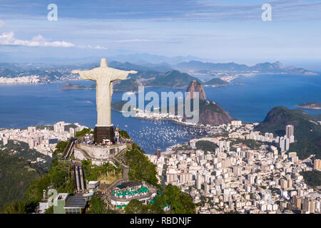 Rio de Janeiro, Brazil, aerial view of Christ the Redeemer and Sugarloaf Mountain. Stock Photo