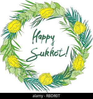 Sukkot Jewish Holiday background. Festive background with hand-written text, branches of myrtle, willow, palm, citron fruits. Vector illustration Stock Vector